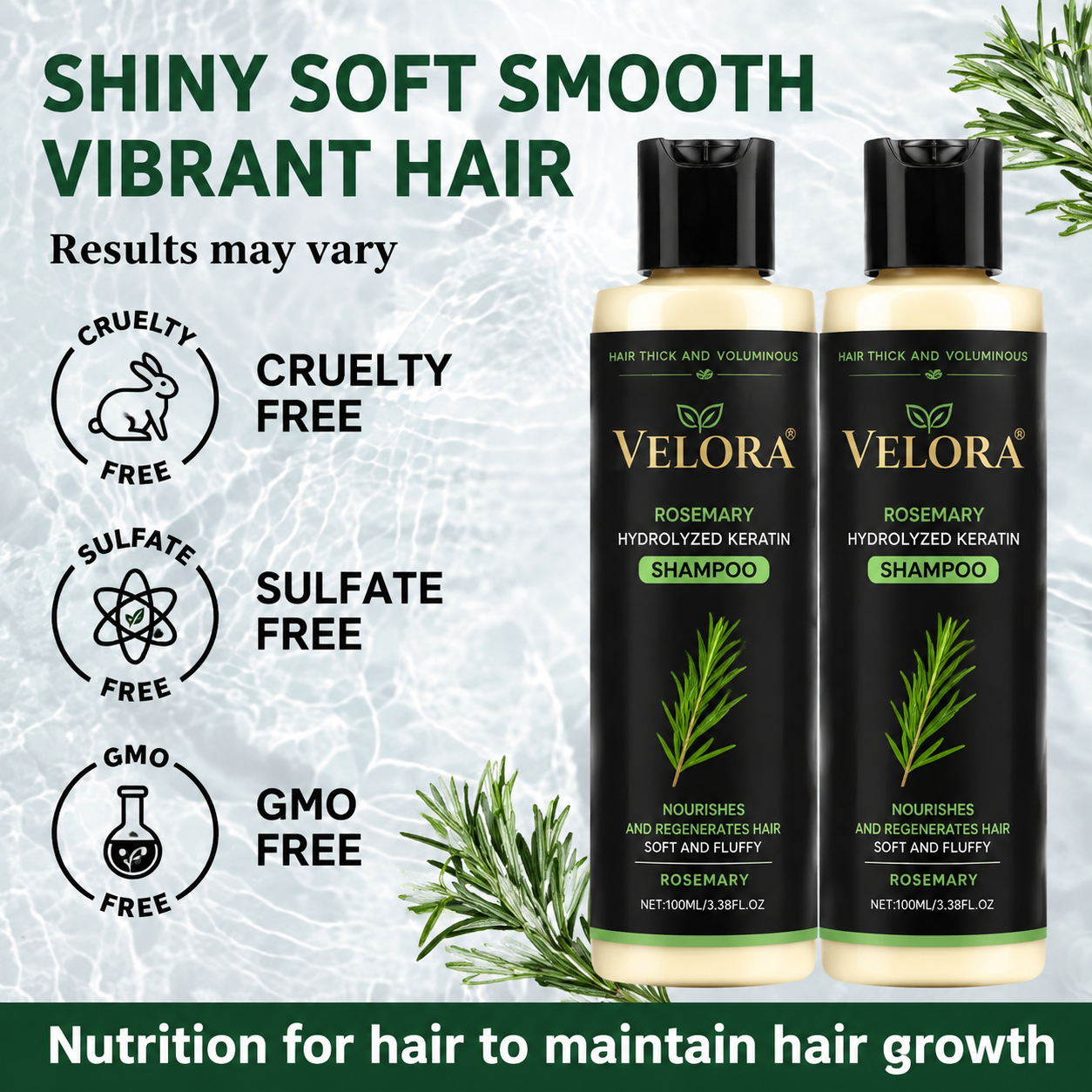 VELORA Rosemary Shampoo, Stimulate Regrowth for Thick Voluminous Hair